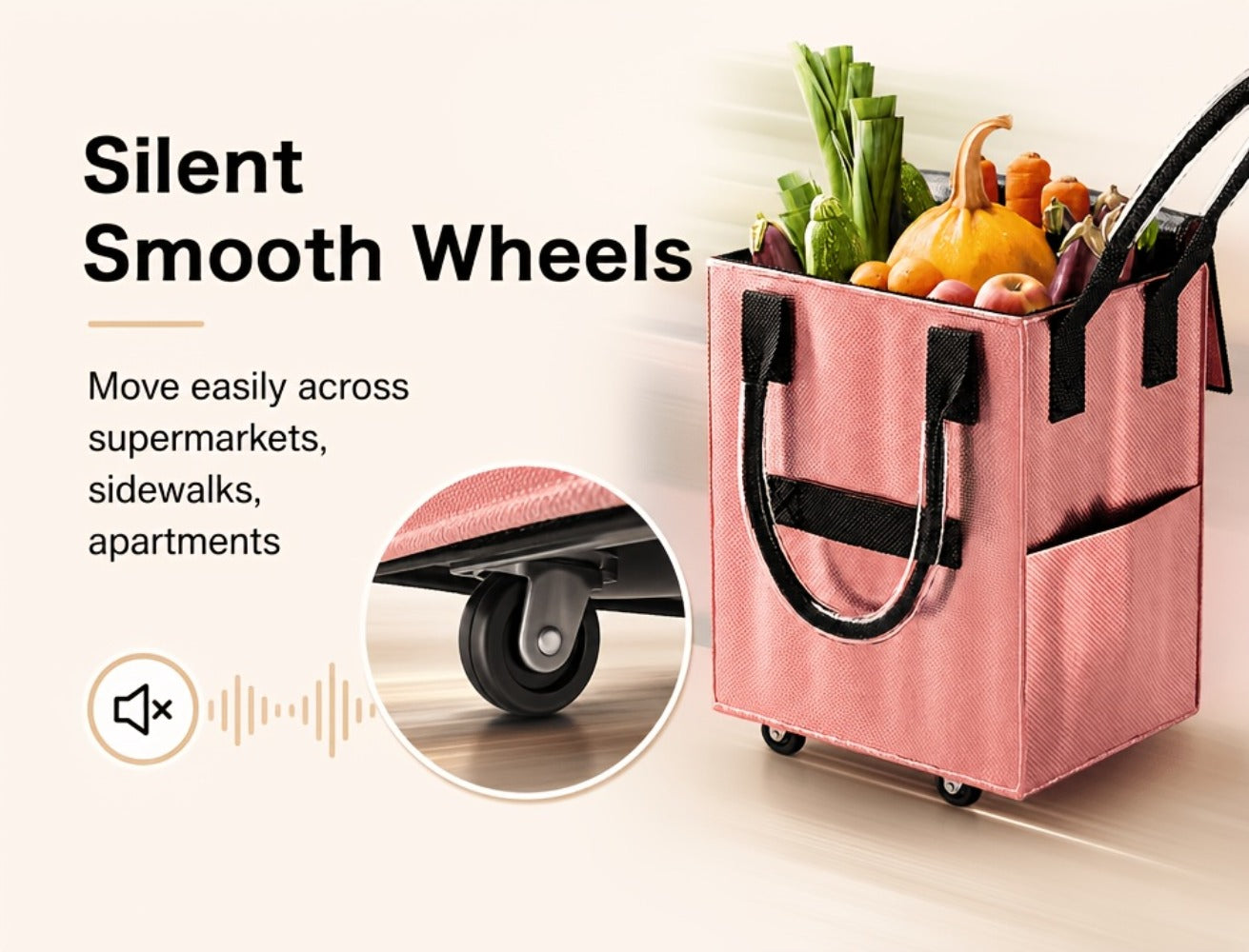 Rolling Grocery Bag with Wheels 60L Extra Large | 16 Gallon Heavy Duty Foldable Shopping Cart Waterproof | Multi-Function Travel Tote Utility Bag in Black Rose Gold