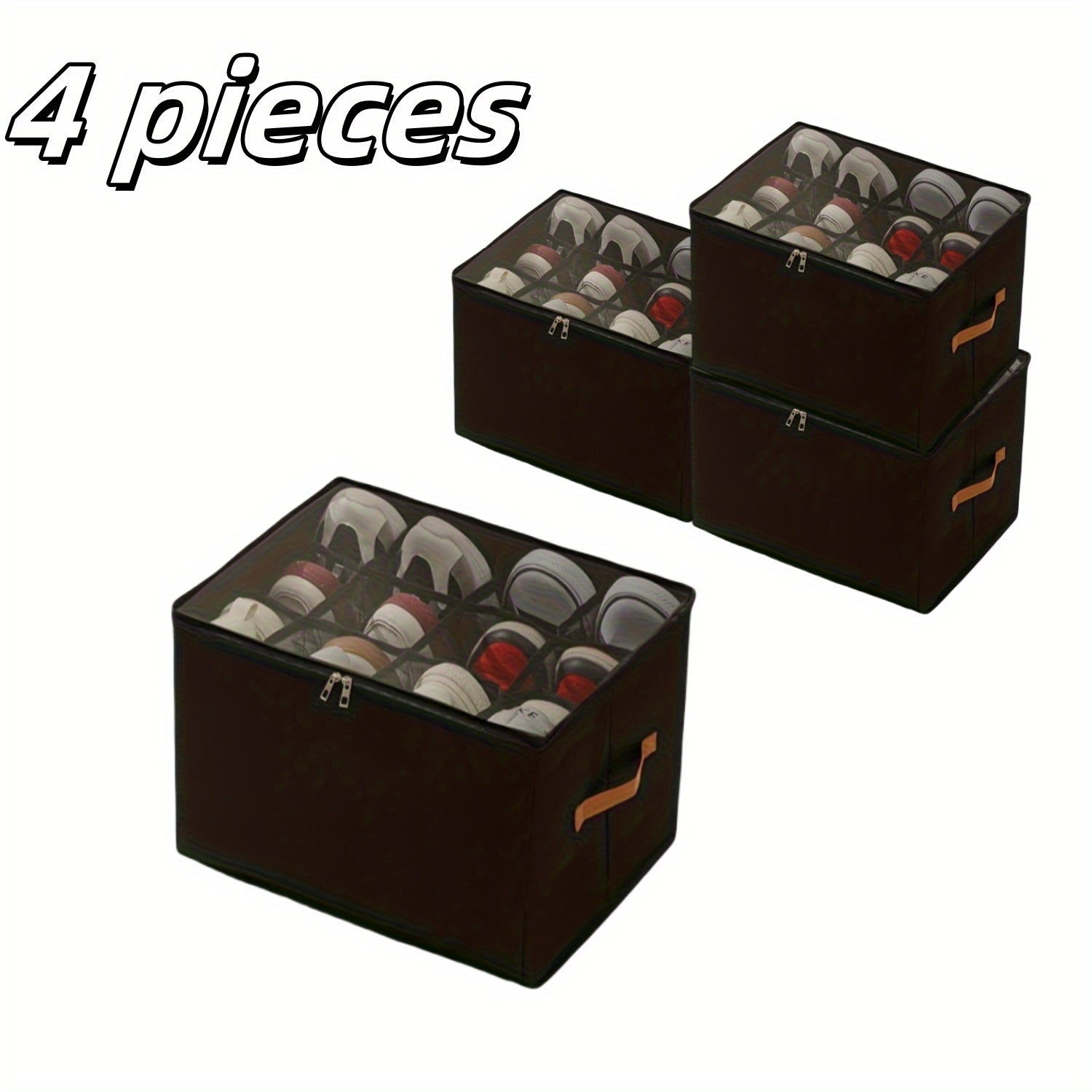 Oxford Fabric Shoe Storage Organizer with Adjustable Dividers, Transparent Lid & Handles ¨C Holds 12 Pairs, Foldable, Zippered Dustproof, 2 or 4 Pack