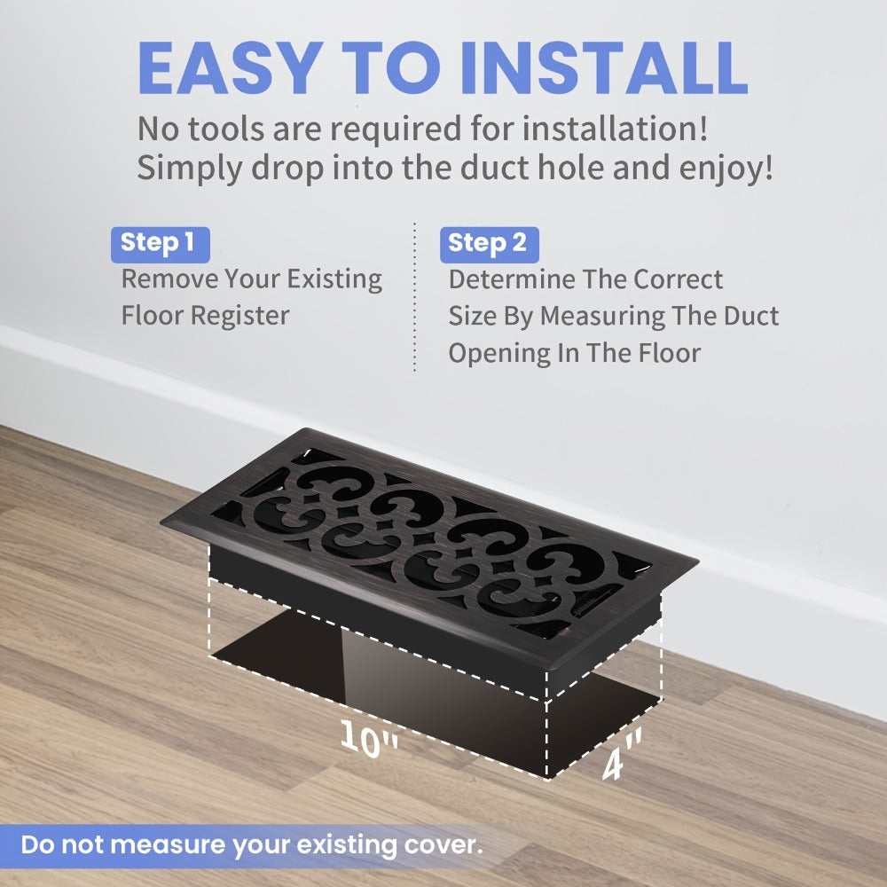 Floor Vent Register Cover 4x10 Inch Heavy Duty Walkable Steel Decorative Air Vent Grille Adjustable Airflow for Home HVAC 2-Pack Savannah Boston Design Multi Finish