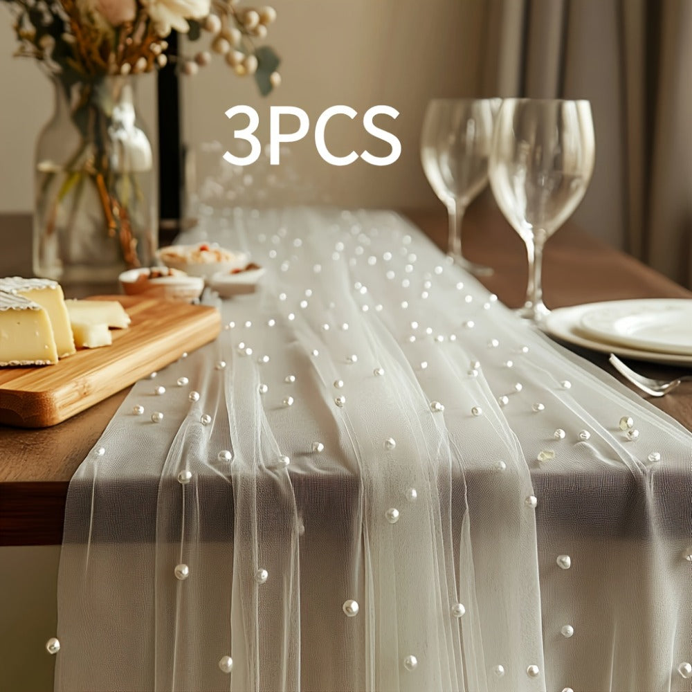 White Pearl Beaded Tulle Table Runner 2.5¡Á9.8ft | Wedding Ceremony Backdrop, Birthday Party & Valentine's Day Romantic Decor, Sheer Mesh Fabric 3PCS
