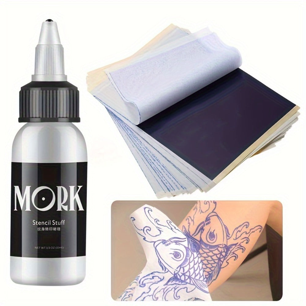 Tattoo Stencil Transfer Kit ¨C 2x Transfer Gel, 10x A4 Blank Thermal Stencil Paper & 1x Pre-Drawn Pattern Sheet ¨C Complete Tattoo Transfer Solution for Artists & Beginners