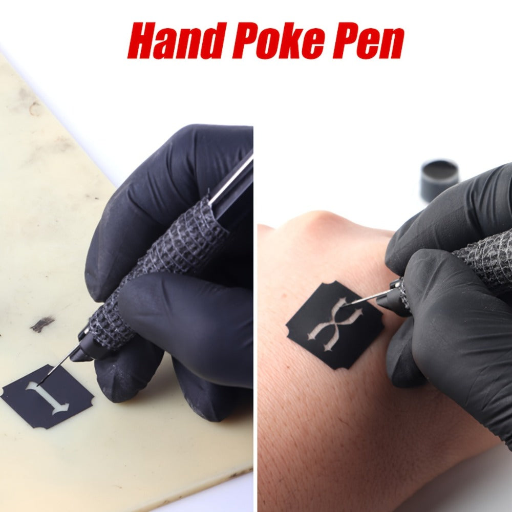 Stick and Poke Tattoo Kit - DIY Manual Tattoo Pen Hand Tool Set with 7 Color Inks, Needles, Bandage & 2 Hollow Stencil Templates for Tattoo Artists & Beginners Home Use