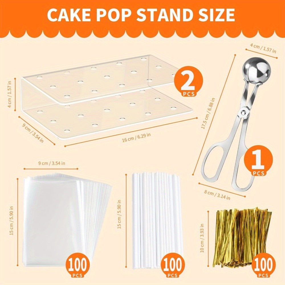 Cake Pop Kit 304pcs Complete Set, Includes Cake Pop Mold, 2 Display Stands, 100 Lollipop Sticks, 100 Treat Bags and 100 Twist Ties, Cake Pop Making Supplies for Birthday Party, Baby Shower, Baking Gift