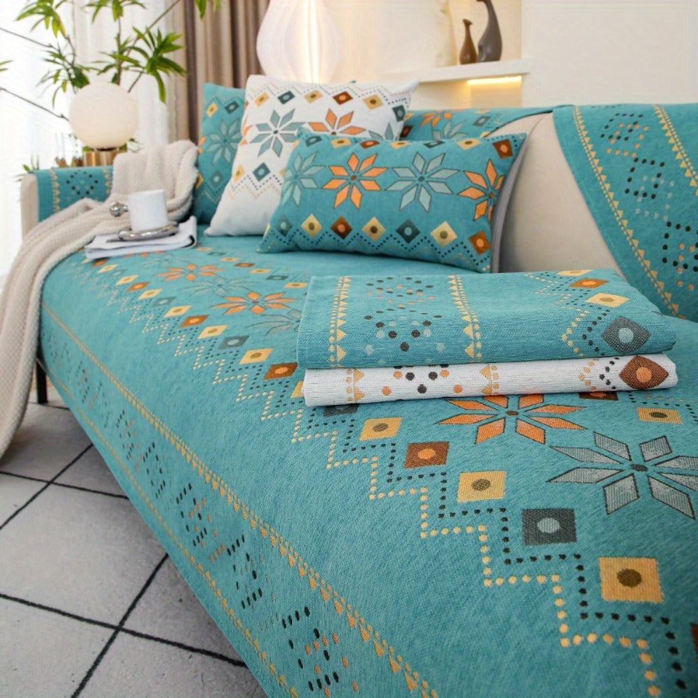 Chenille Sofa Cover Bohemian Style Jacquard Knit Anti-Slip Pet Friendly All Season Sofa Mat Protector - Single 2 3 4 Seater Armrest Backrest Pillow Case Grey White Yellow