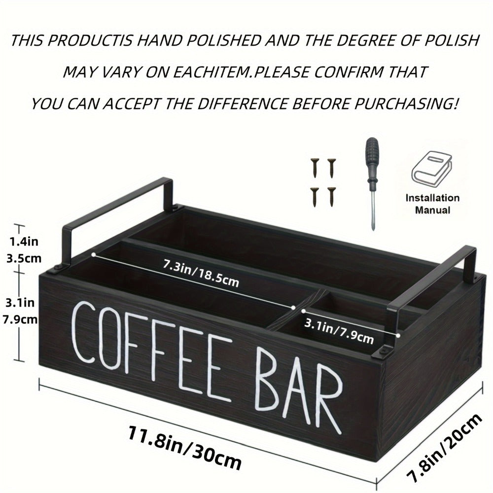 Coffee Bar Organizer Wooden Farmhouse Style - Rustic COFFEE BAR Sign Storage Tray for Pods Sugar Creamer Accessories, Waterproof Rectangular Countertop Organizer for Kitchen Coffee Station Decor