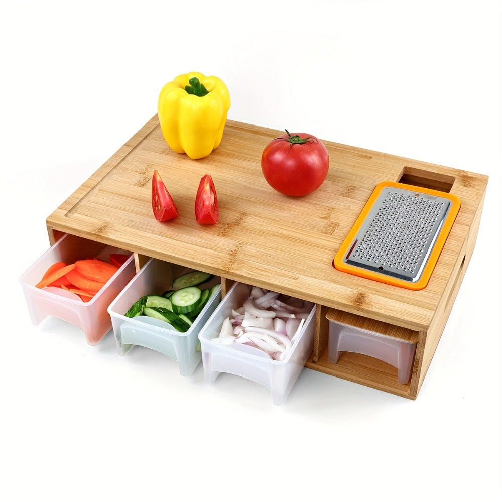 Bamboo Cutting Board with Food Container, Cheese Grater & Juice Groove - Large Wooden Chopping Board Set with Storage Box, Drain Tank for Vegetables Meat Cheese, Kitchen Prep Board with Hand Grip