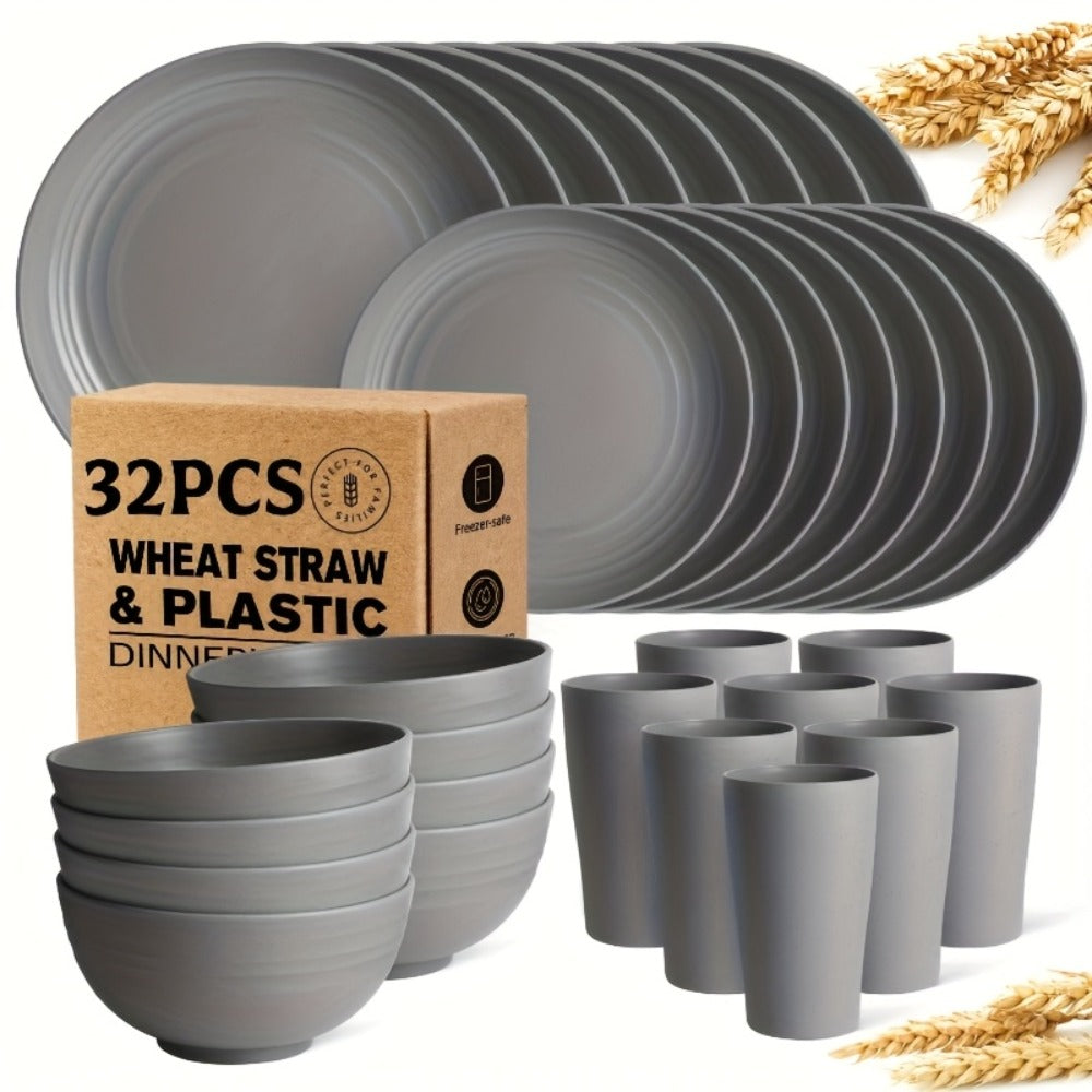 Wheat Straw Dinnerware Set 16 or 32 Piece ¨C Plates & Bowls for 4 or 8 People, Microwave & Dishwasher Safe Plastic Dish Set, Lightweight Colorful Tableware for Home, Party & Holiday