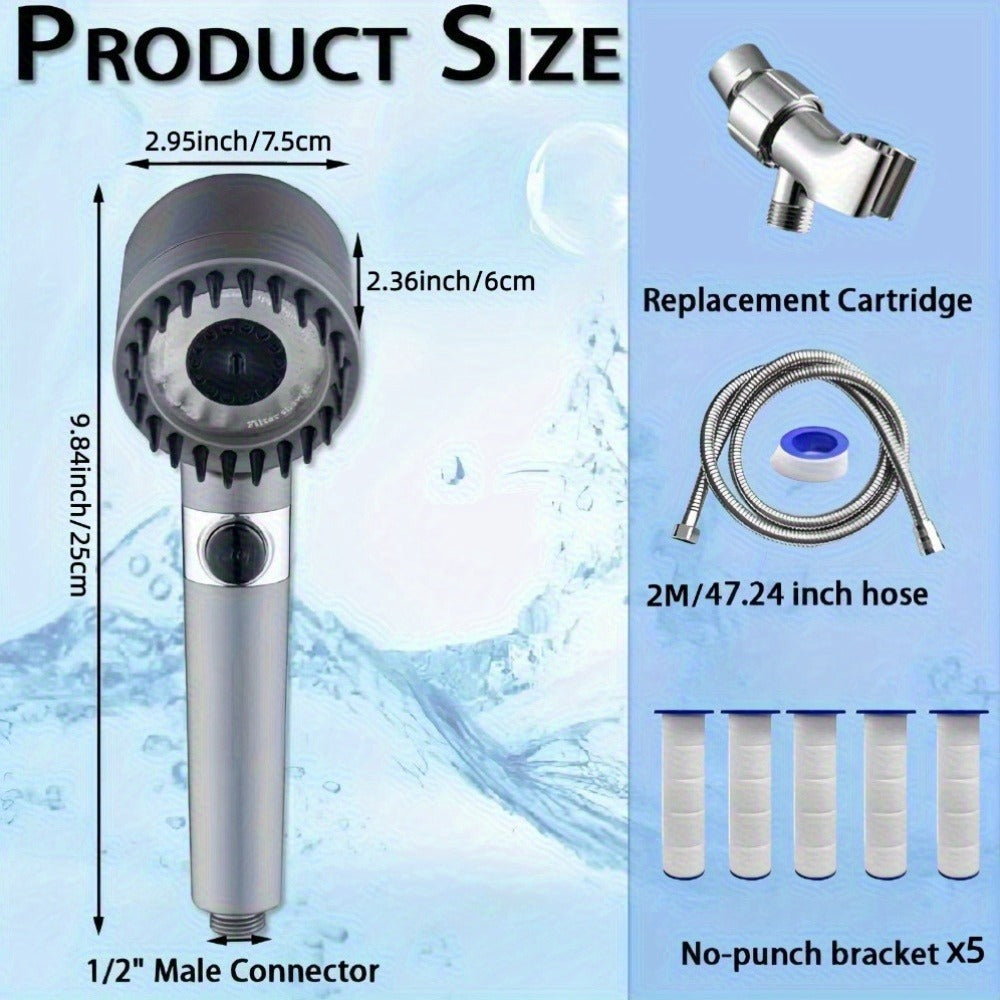 Filtered Handheld Shower Head High Pressure 4 Spray Modes ON/OFF Switch with Hose 5 Filter Elements Pet Shower