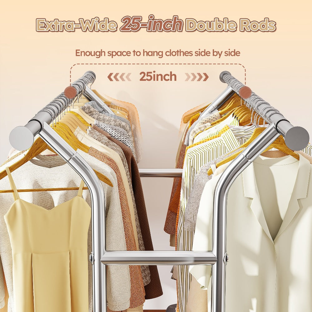 Heavy Duty Clothes Rack 630lbs Double Rod Rolling Garment Rack with Wheels Adjustable Height Width Freestanding Portable Clothing Stand with Bottom Shelves for Bedroom Closet Laundry Room Silver