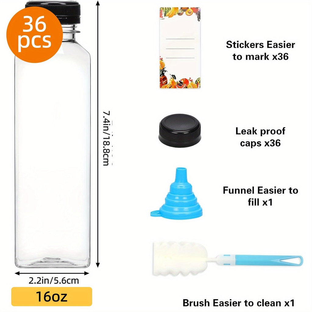 Plastic Juice Bottles with Lids - Clear Reusable Drink Containers for Juice Smoothies Water and Beverages, Available in 12oz and 16oz in Sets of 20, 36, 56 or 100, Includes Funnel and Cleaning Brush