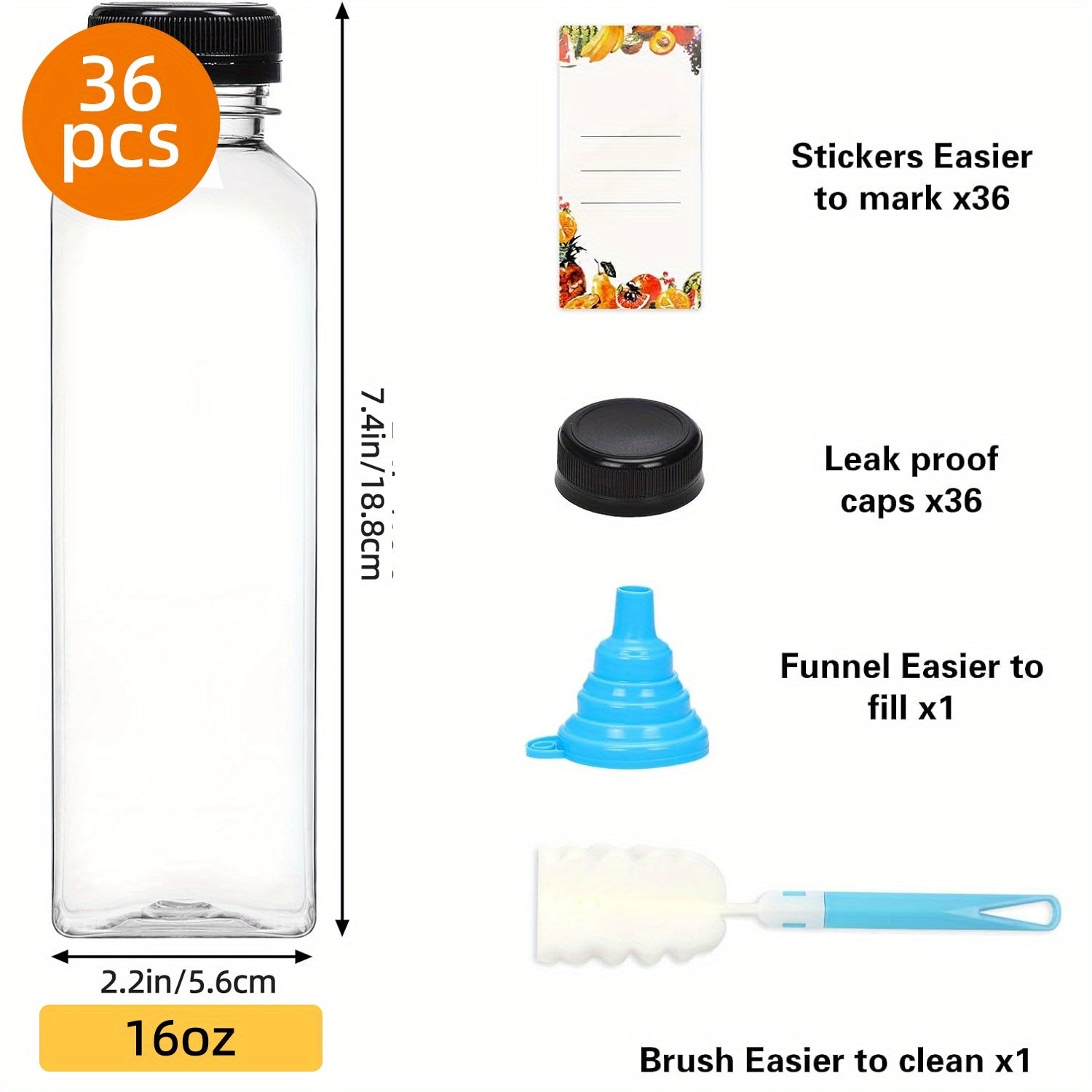 Plastic Juice Bottles with Lids - Clear Reusable Drink Containers for Juice Smoothies Water and Beverages, Available in 12oz and 16oz in Sets of 20, 36, 56 or 100, Includes Funnel and Cleaning Brush