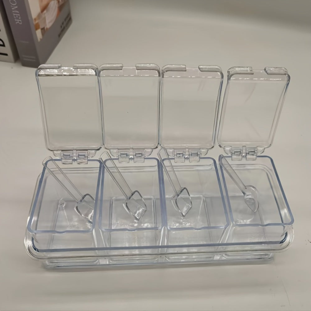 Kitchen Seasoning Storage Box Set of 4 - Transparent Multi-Grid Moisture-Proof Spice Organizer with Flip Lid, Airtight Condiment Container for Home Kitchen Apartment