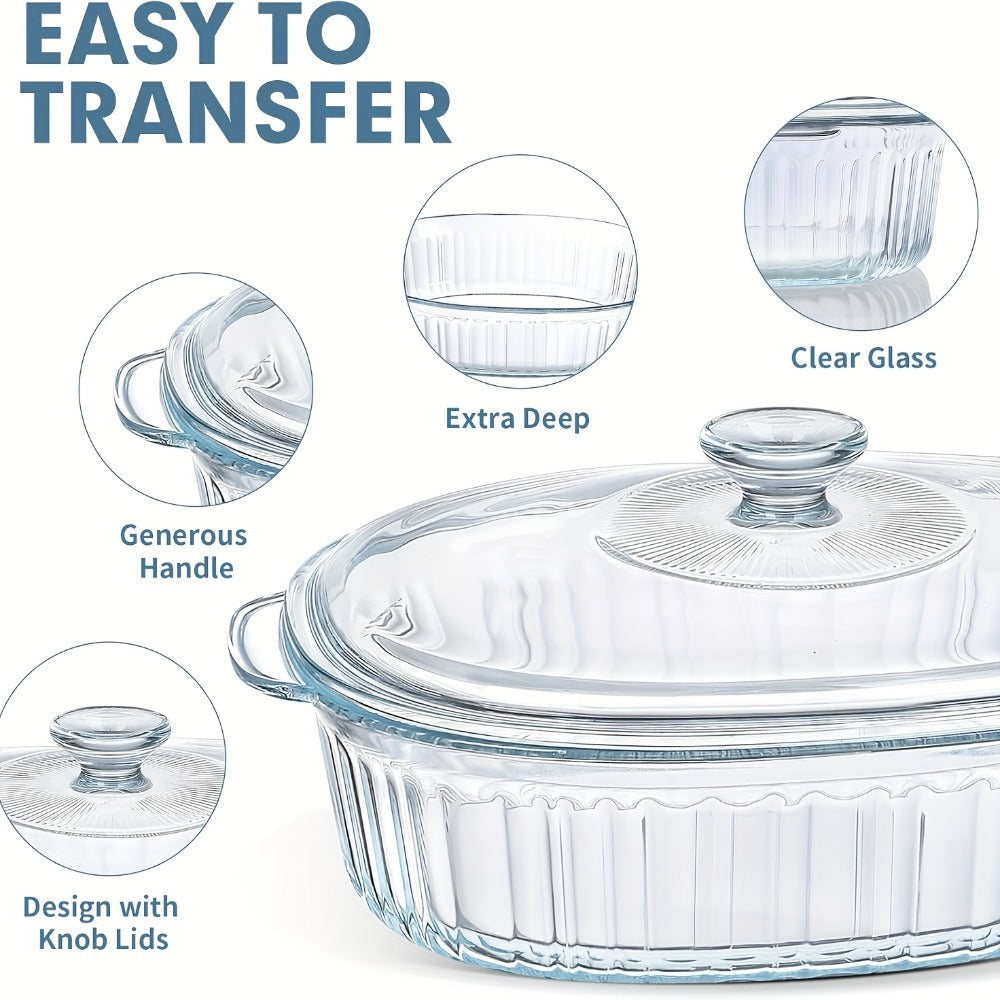 Glass Casserole Dish with Lid, Oval Ribbed Roasting Pan, Oven & Microwave Safe Covered Baking Dish, Transparent Deep Glass Cookware for Chicken Pasta Desserts, 50oz & 85oz Options