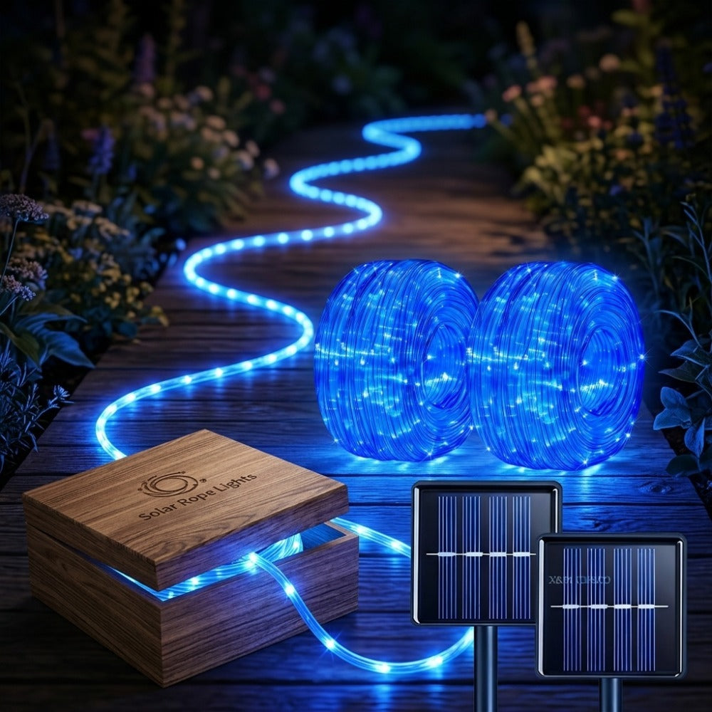 Outdoor Solar LED String Lights Waterproof ¨C Flexible Fairy Lights 23FT to 105FT for Pool, Fountain, Garden, Patio & Wedding Decor ¨C Neon Blue, White, RGB & Amber Colors