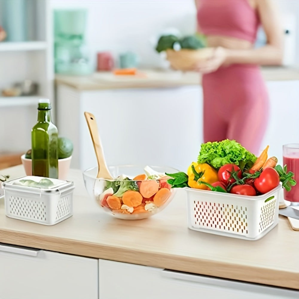 Food Storage Containers Set 6pcs BPA Free Plastic with Drain Baskets and Lids Leak Proof Freezer Safe Reusable for Fruits Vegetables Meal Prep Kitchen Organizer