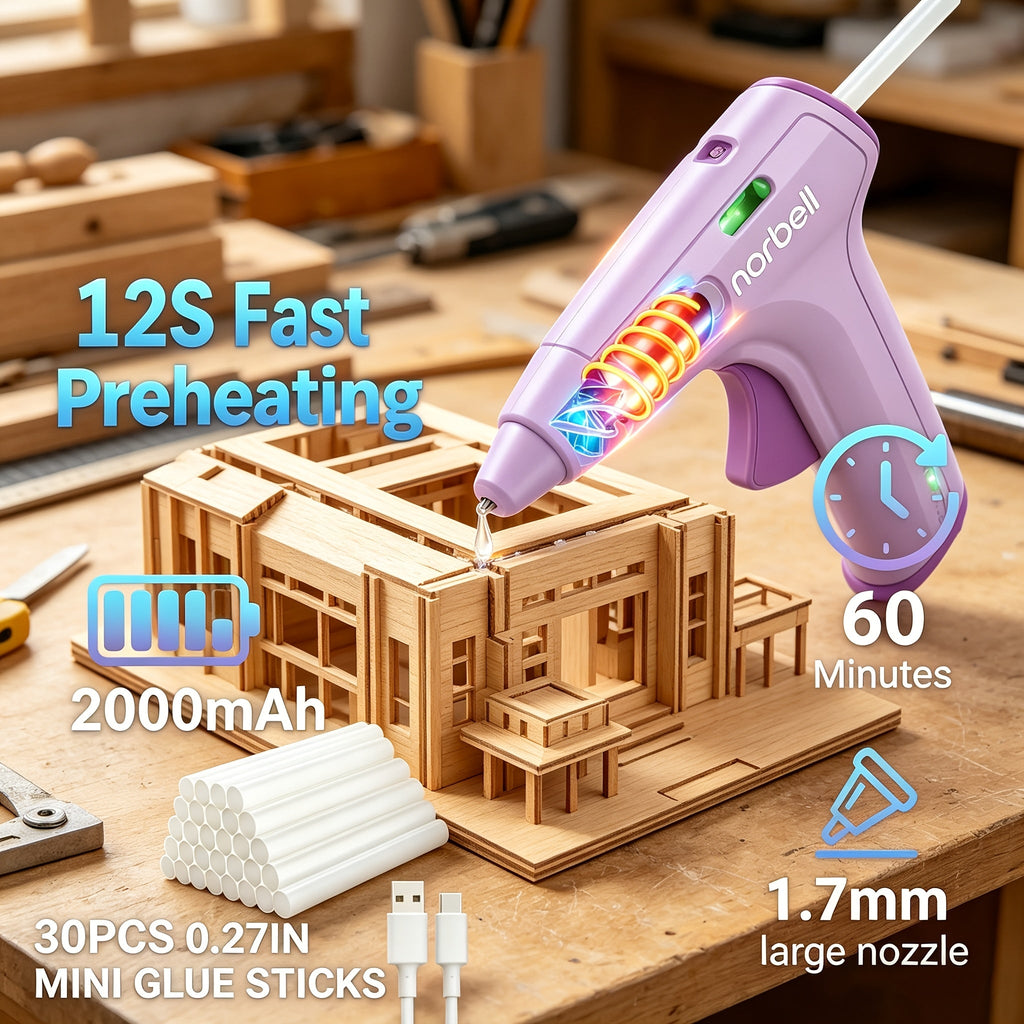 Cordless Hot Glue Gun Fast Heating USB Rechargeable 2000mAh ¨C 12-Second Heat-Up, Anti-Drip Nozzle, Auto Shut-Off, Mini Glue Sticks Included, Portable Wireless Glue Gun for DIY Crafts, Home Repair, Floral & Plush Toy Projects