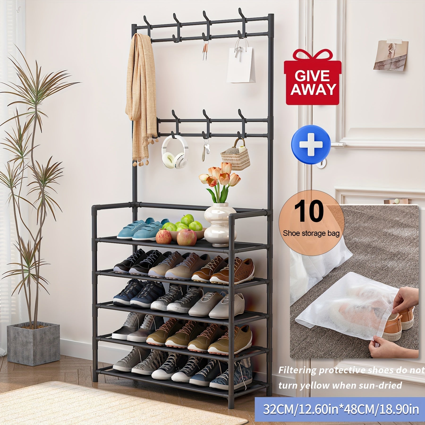 Shoe Rack Organizer with 8 Double Hooks & Multi-Layer Storage Shelves ¨C Floor Standing Coat Hat Holder for Entryway Bedroom Living Room