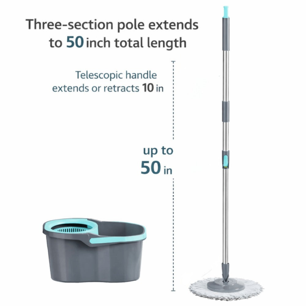 360 Spin Mop and Bucket Set with Wringer - Stainless Steel Extended Handle Spinning Mop Bucket System with Microfiber Mop Refills for Hardwood, Tile & Laminate Floor Cleaning, Black Blue Pink Red