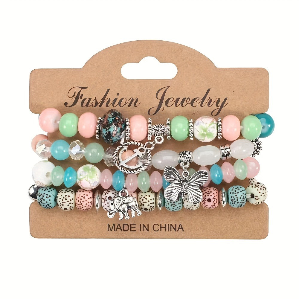 Bohemian Beaded Bracelet Set 24pcs ¨C Multi-Layer Wooden Bead Elastic Bracelets with Butterfly Elephant Tree Pendant, Handmade Colorful Tassel Wristbands for Women Men, Party Gift & Daily Wear