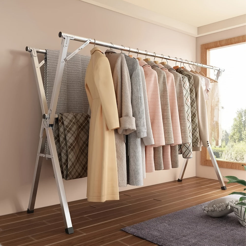 Foldable Clothes Drying Rack 3-Bar ¨C Heavy Duty Stainless Steel Collapsible Laundry Rack, Retractable 63¡± or 79¡± for Indoor & Outdoor Use ¨C Freestanding Portable Clothesline Drying Rack