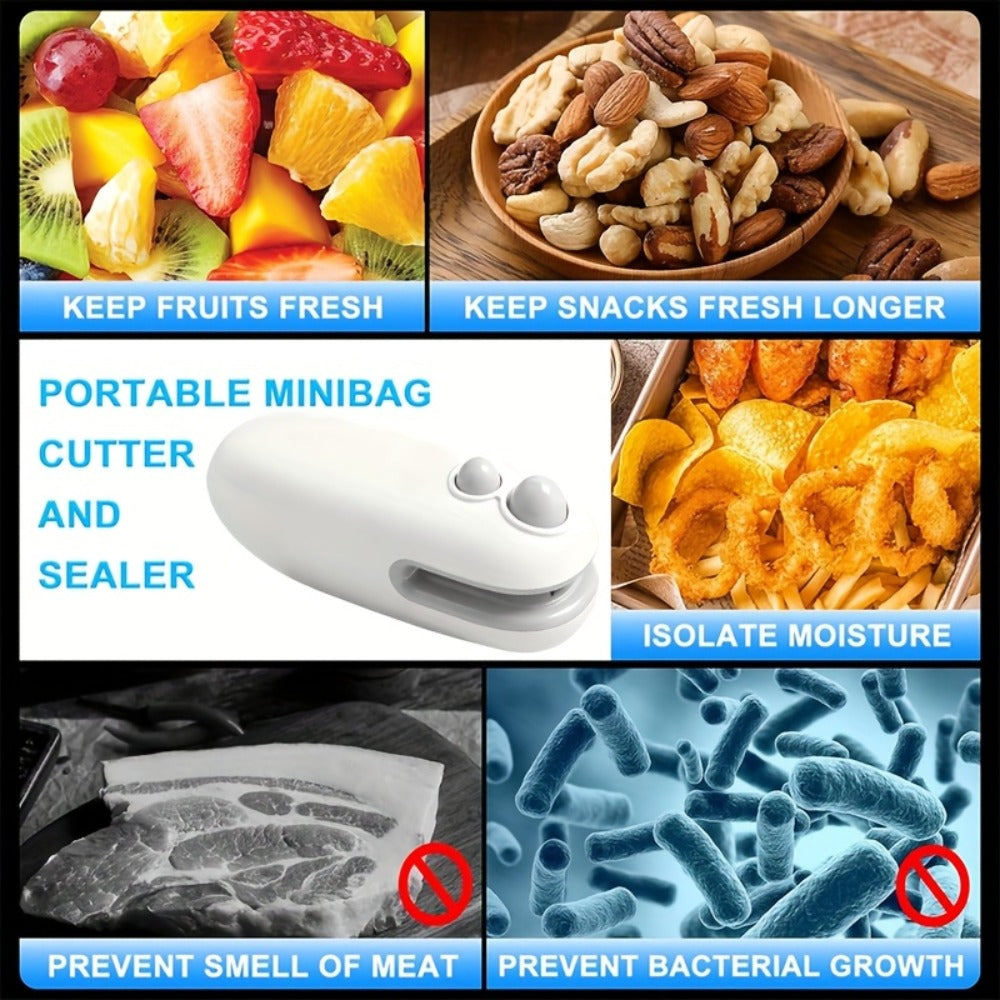 Mini Bag Sealer 2-Pack USB-C Rechargeable 2-in-1 Heat Seal with Cutter ¨C Magnetic Storage Bag Resealer for Plastic Snack Food Bags | Airtight Freshness Keeper Portable Kitchen Gadget White
