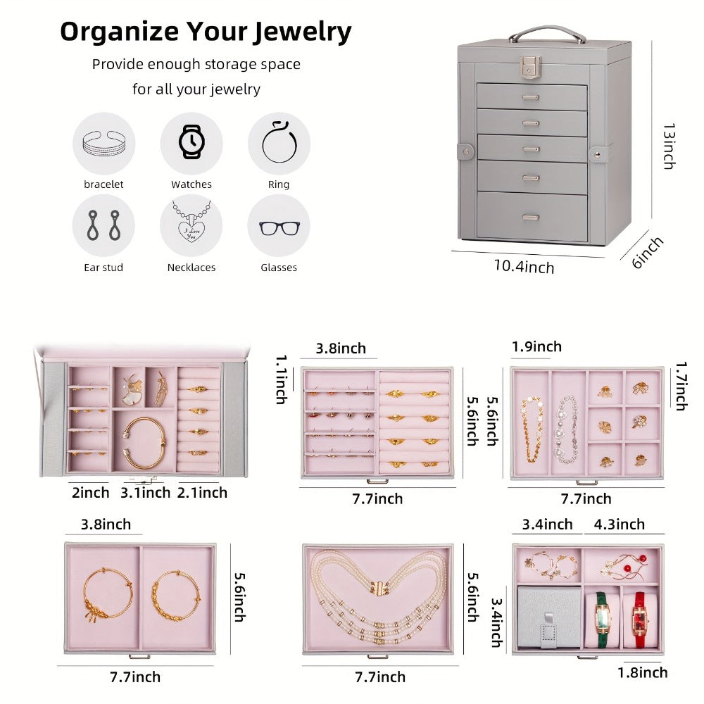 Jewelry Box 6 Tier with 5 Drawers Mirror & Lock | Large Jewelry Organizer Storage Case Gift for Women