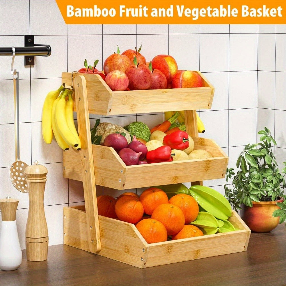 Bamboo Fruit Storage Rack 2-3 Tier with Hooks, Kitchen Counter Organizer for Fruits Vegetables Bread Spices, Freestanding Shelf Basket Display Stand