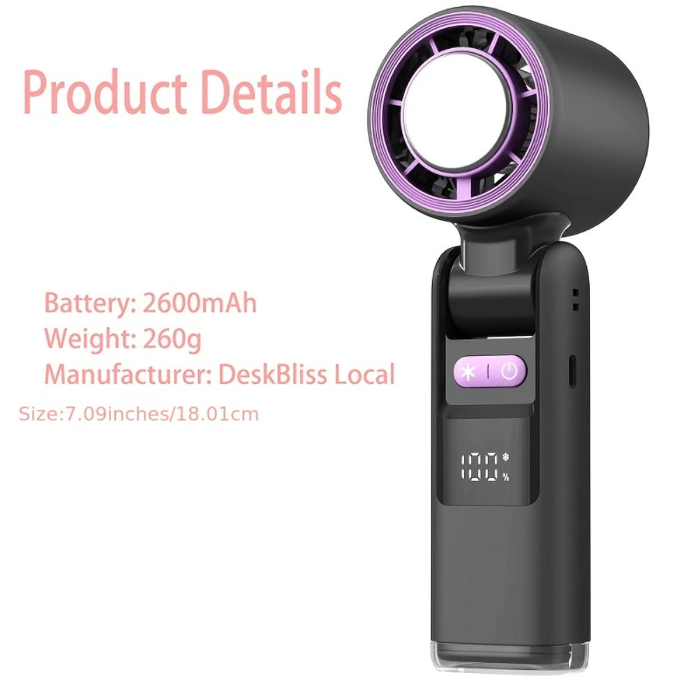Handheld Ice Pack Fan High-Speed Semiconductor Cooling | 100-Speed Digital Display Turbo Fan with LED Light, Foldable Portable Design for Outdoor, Travel & Daily Use ¨C Purple, Beige, Pink, Black & White