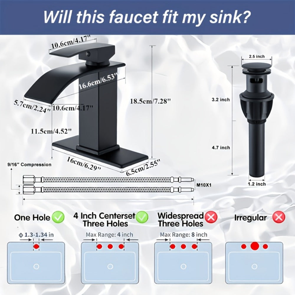 Waterfall Bathroom Faucet Single Handle - Modern Sink Faucet with Valve, Chrome & Matte Black & Brushed Nickel & Brushed Gold Finish, 1 or 3-Hole Deck Mount, G9/16 Threads, Water Supply Lines Included