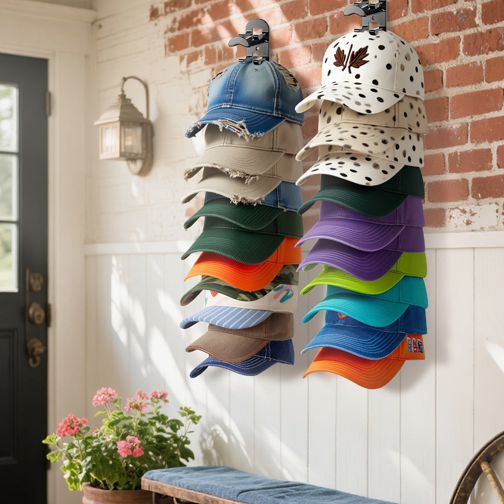 Wall Mounted Hat Rack for Baseball Caps ¨C Adhesive or Drill Mount, Holds 20 Hats, Multilayer Storage, 2pcs