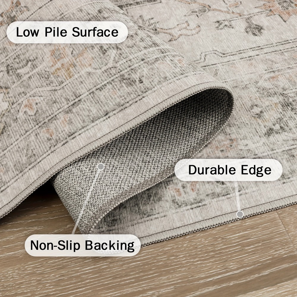Vintage Chenille Area Rug Non-Slip Machine Washable ¨C Retro Print Lightweight Carpet for Living Room, Bedroom, Dining Area & Home Office ¨C Light Taupe Brown, 8 Sizes