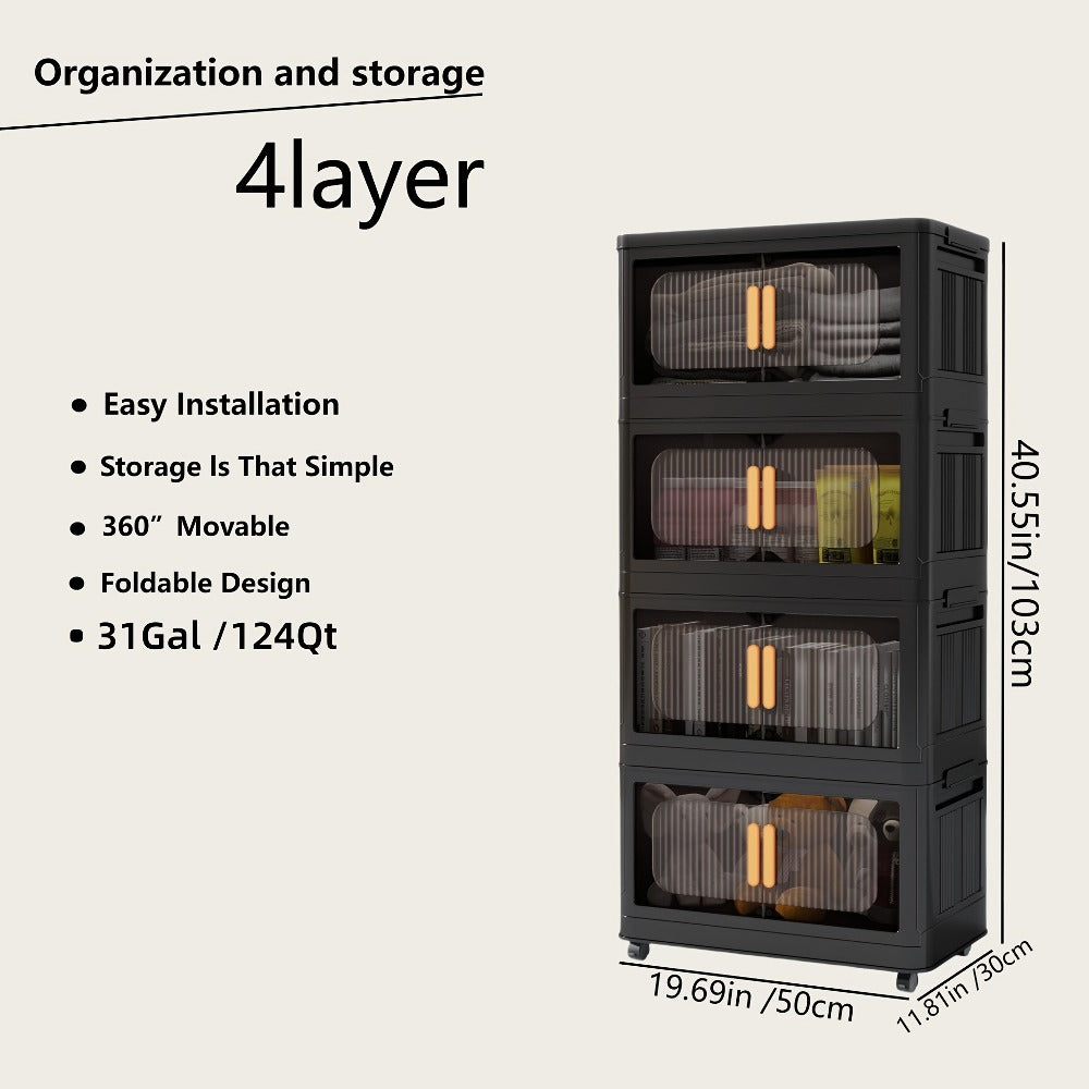 Rolling Storage Cart 4 5 Tier Double Door Collapsible Stackable Plastic Organizer with 360 Lockable Wheels Space Saving Bin for Dorm Office Closet Bedroom Garage Gym