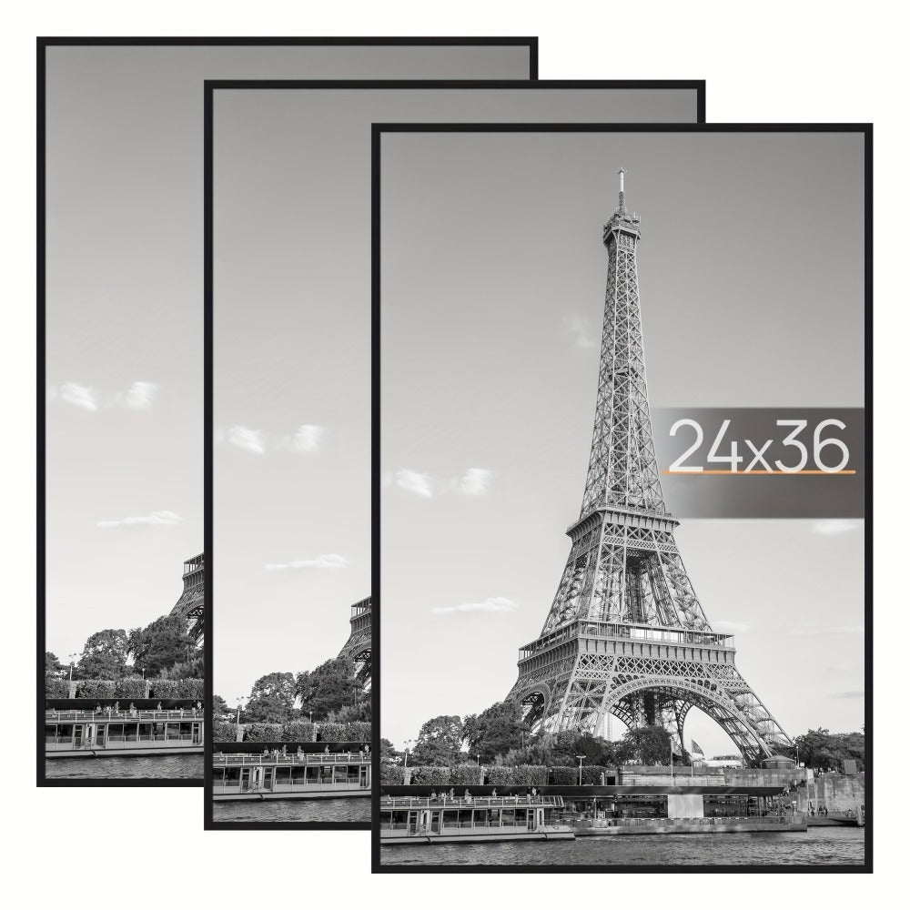 Poster Frame 24x36 Black 3 Pack, Slide-In Picture Frames for Horizontal or Vertical Wall Mounting, Scratch-Proof Lightweight Gallery Wall Photo Frame for Art Prints Diplomas