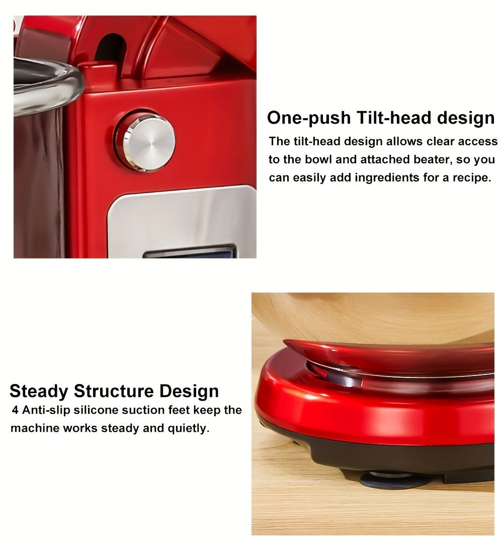 Stand Mixer 1200W 6L Stainless Steel Bowl - Kitchen Food Stand Mixer with Dough Hook, Whisk & Beater, 6-Speed Tilt-Head Electric Mixer for Baking, Kneading, Whipping, Red
