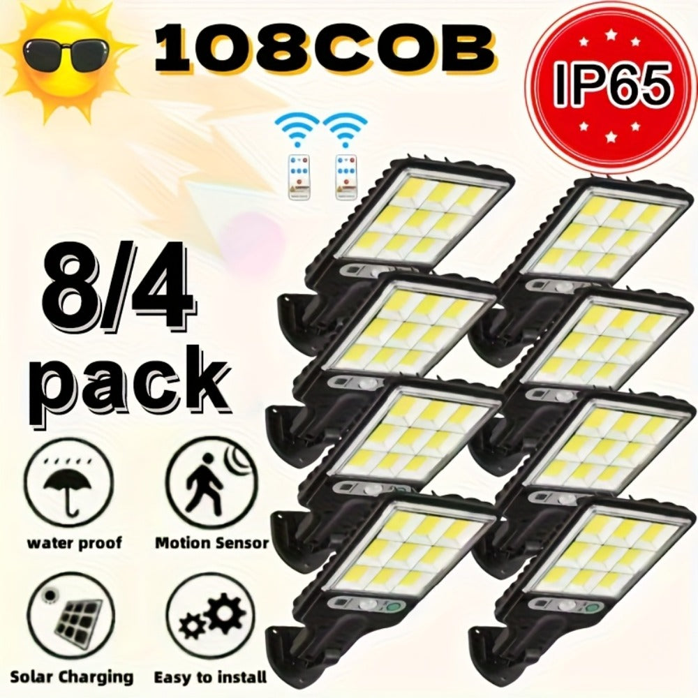Solar Motion Sensor Security Wall Light 108COB LED ¨C Outdoor Solar Powered Street Light with Remote Control & 3 Modes | Waterproof Garden Spotlight for Patio, Porch, Door & Garage | 2/4/8pcs Pack