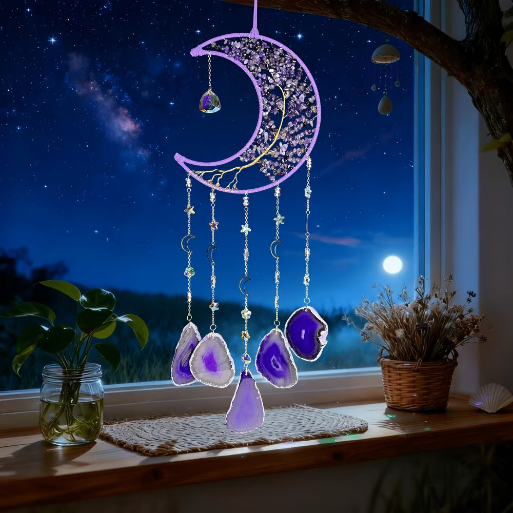 Moon Agate Tree Hanging Ornament Handmade Boho Suncatcher Wall Decor - Crystal Window Sun Catcher Gift for Mom Friends Women Birthday Christmas Holiday Home Decoration