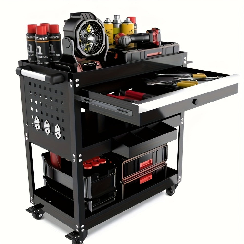 Rolling Tool Cart 3-Tier Heavy Duty 330 LBS Capacity Pegboard Organizer Locking Drawer 4 Swivel Casters for Garage Workshop Mechanics Black Yellow