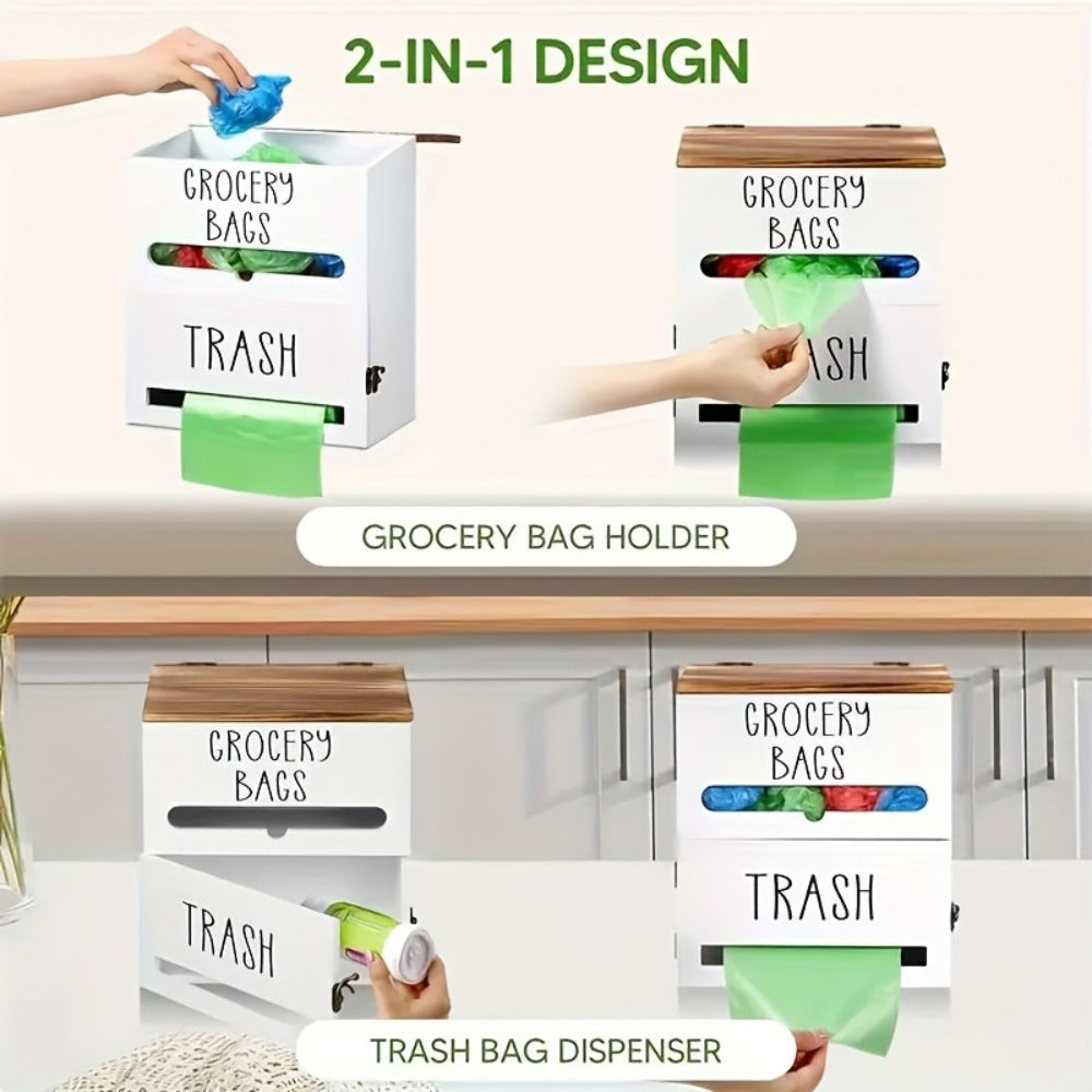 Garbage Bag Dispenser Wall Mount, Under Sink Organizer, Trash Bag Holder with Pull-Out Access, Kitchen Bag Storage Rack for Shopping Bags & Tissues, Space Saving Cabinet Organization