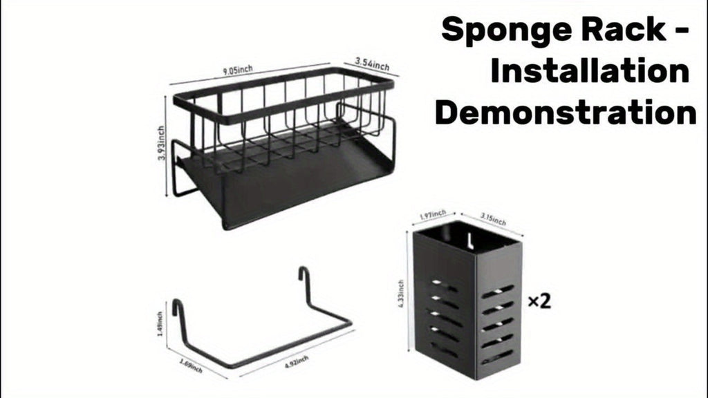 Kitchen Sink Organizer Sponge Holder with Self-Draining Tray Removable Rag Rod Carbon Steel Countertop Storage Rack for Sponges Brushes Soap Bathroom