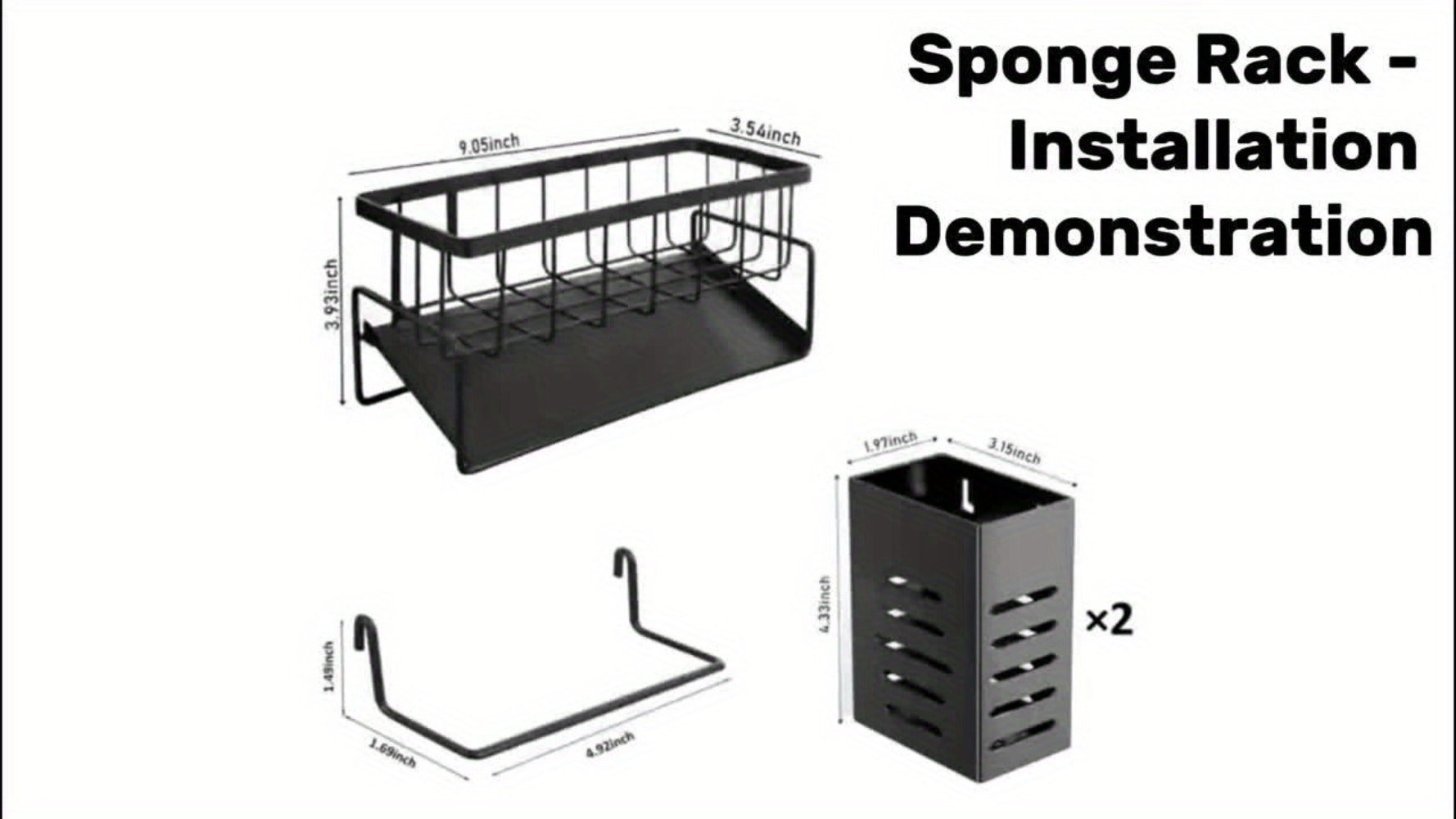Kitchen Sink Organizer Sponge Holder with Self-Draining Tray Removable Rag Rod Carbon Steel Countertop Storage Rack for Sponges Brushes Soap Bathroom