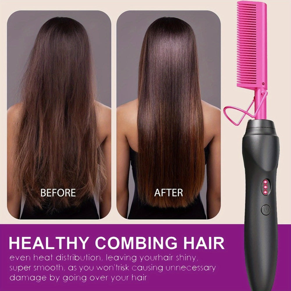 Electric Hot Comb Hair Straightener ¨C 3-in-1 Ceramic Pressing Comb for Natural Hair, Beard & Wigs, Curling & Straightening Iron with Protective Holder, Bonus 2 Clips & 1 Comb, Gift Ready
