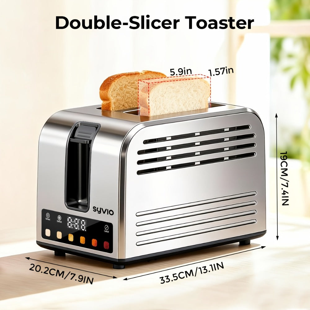 Toaster 2-Slice Stainless Steel Smart Touchscreen ¨C 5 Bread Types, 6 Browning Levels, Wide Slots, Temperature Control, Removable Crumb Tray, Compact Kitchen Toaster