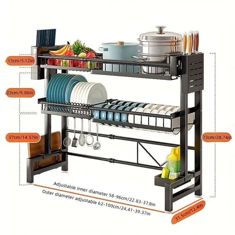 Dish Drying Rack Expandable Kitchen Sink Organizer - Countertop Dish Drainer with Drainage, Single or Double Layer Black Kitchen Storage Shelf for Plates, Cups & Utensils