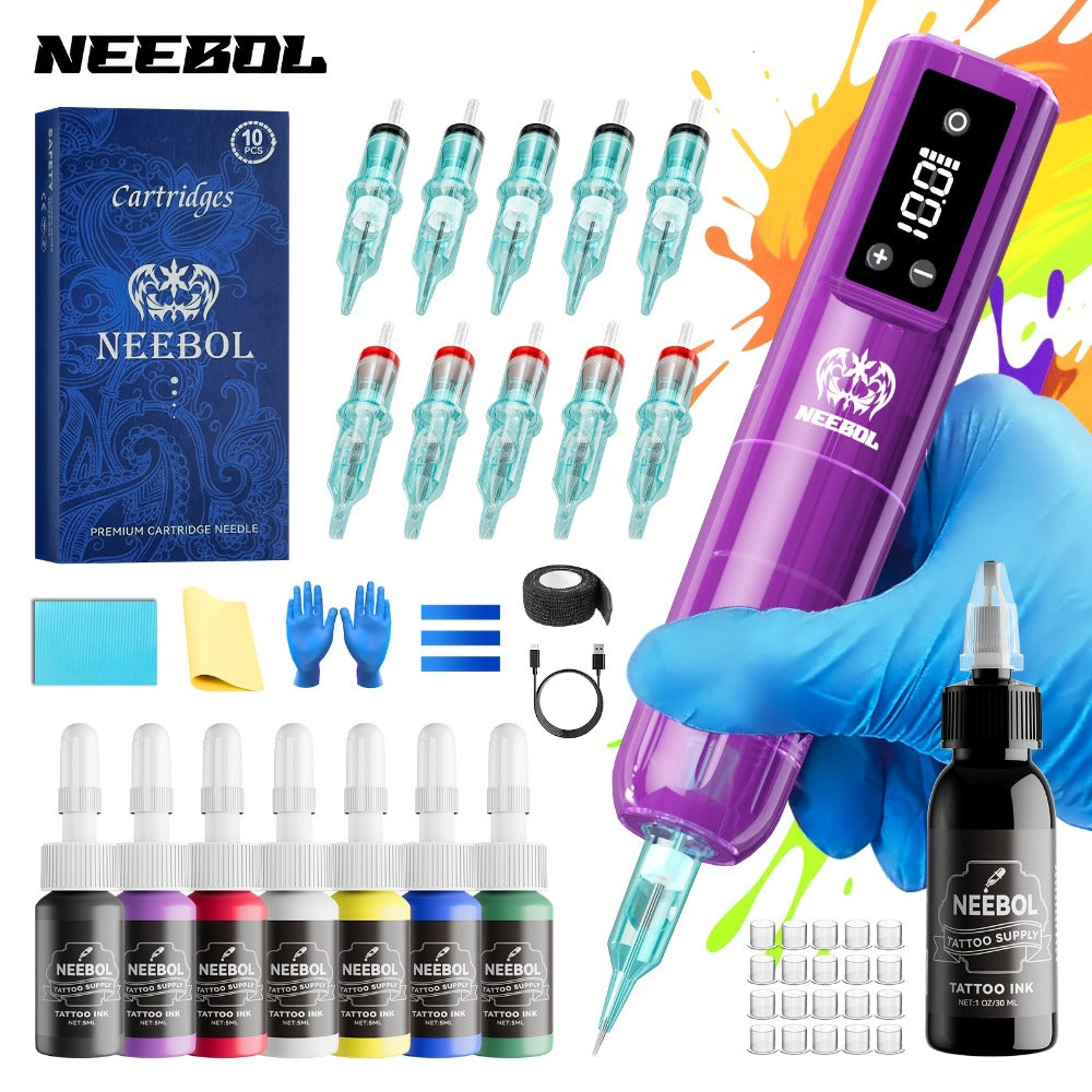 Wireless Tattoo Gun Kit ¨C Neebol Cordless Rotary Tattoo Machine with 2000mAh Battery, 10 Cartridge Needles, 7 Inks, Green Soap & Tattoo Supplies ¨C Portable Beginner & Artist Set