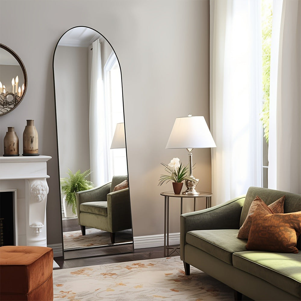 Full Length Mirror Floor Standing with LED Light - Arched & Rect Aluminum Frame Dressing Mirror for Bedroom Living Room, Black/Golden/White