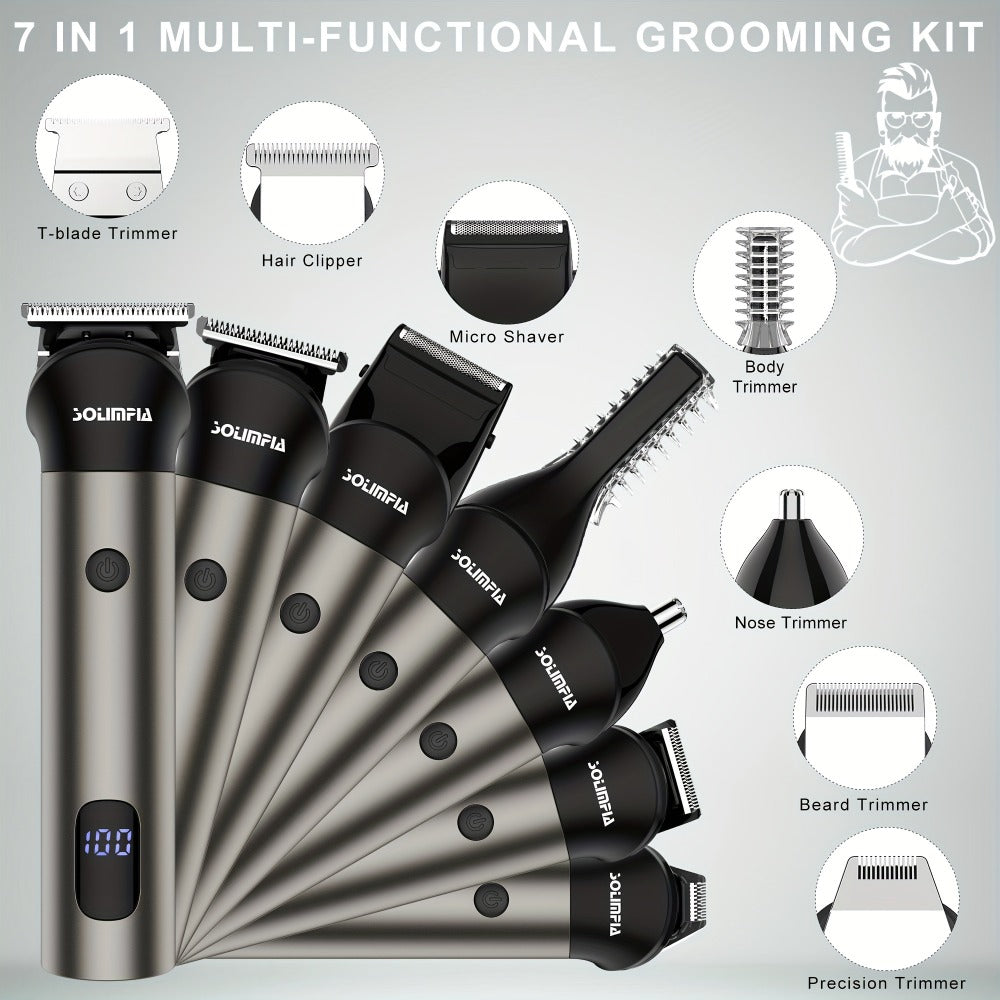7-in-1 Hair Clipper Grooming Kit for Men Professional Cordless Barber Trimmer Set Beard Nose Body Hair USB Rechargeable 9 Guide Combs Self-Sharpening Blade Home Barber Kit Black