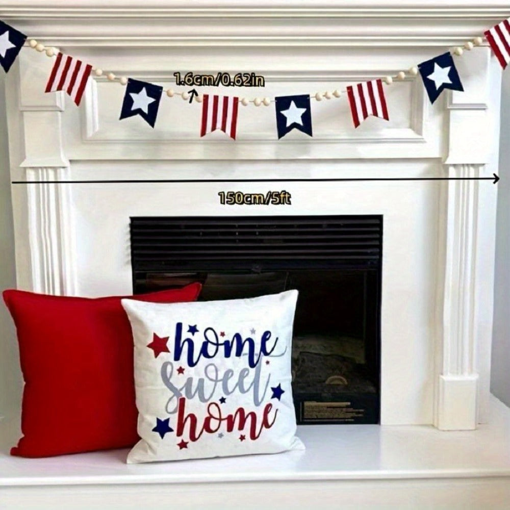 Patriotic Bunting Flags with Wood Bead Garland - 4th of July Red White Blue Hanging Banner Decor for Independence Day Party, Fireplace Mantle & Home Wall