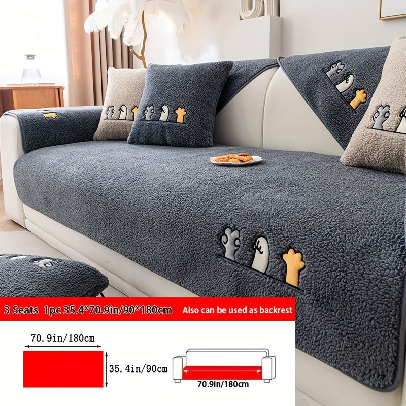 Plush Shearling Sofa Cover Non-Slip Pet-Friendly Couch Protector Animal Bone Embroidery Soft Warm for Living Room Bedroom Office 2 3 4 Seater