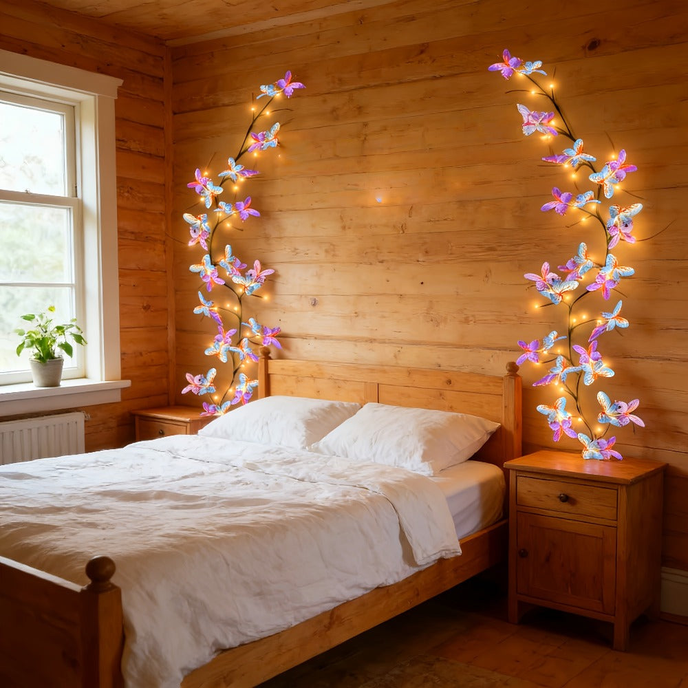 Butterfly Branch String Lights ¨C 30 LED Vine Fairy Lights with Artificial Purple-Blue Butterflies, 8 Lighting Modes, USB Powered Warm White, Boho Wall Decor for Bedroom Wedding Birthday Party Festival