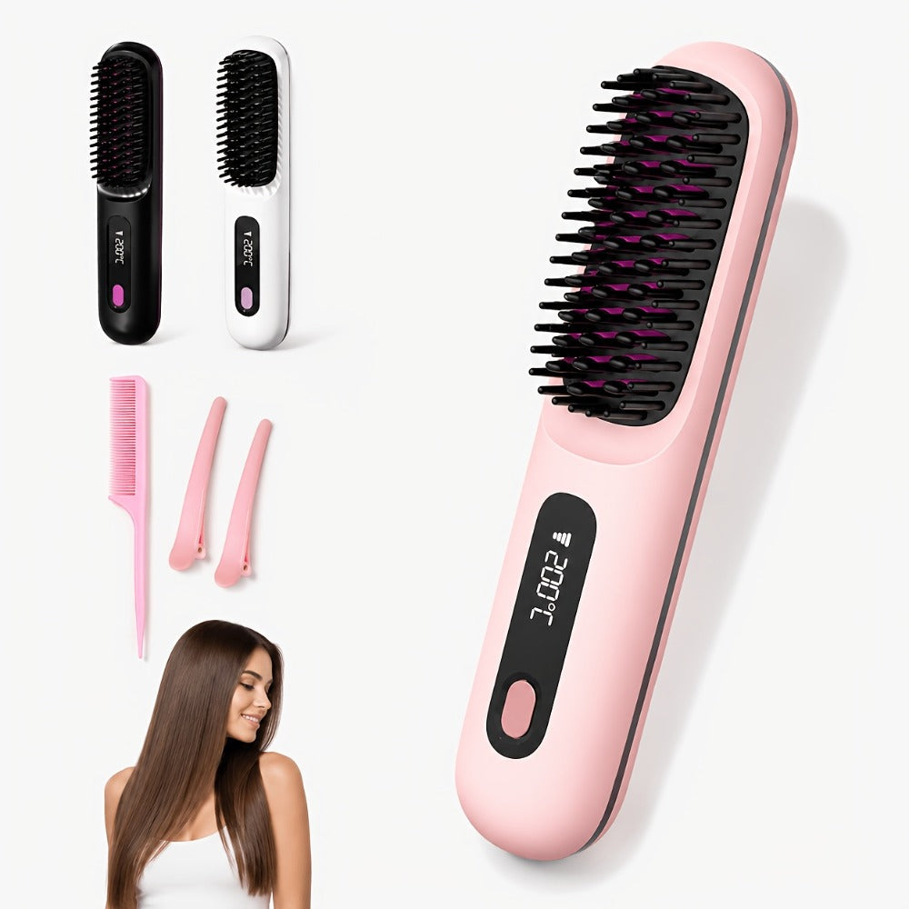 Cordless Hair Straightening Brush ¨C Mini Rechargeable Portable Straightener Comb for Travel Daily Styling, Fast Heating Anti-Scald Frizz Control for All Hair Types, Black & White